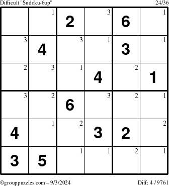 The grouppuzzles.com Difficult Sudoku-6up puzzle for Tuesday September 3, 2024 with the first 3 steps marked