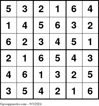 The grouppuzzles.com Answer grid for the Sudoku-6up puzzle for Tuesday September 3, 2024