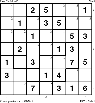 The grouppuzzles.com Easy Sudoku-7 puzzle for Tuesday September 3, 2024 with all 4 steps marked