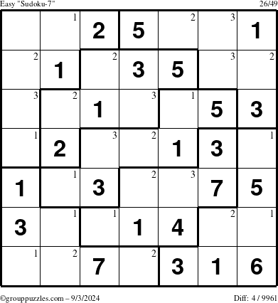 The grouppuzzles.com Easy Sudoku-7 puzzle for Tuesday September 3, 2024 with the first 3 steps marked