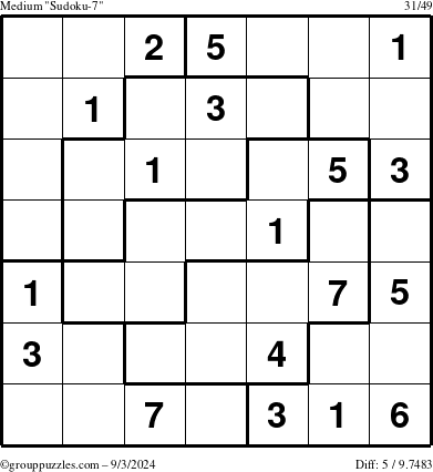 The grouppuzzles.com Medium Sudoku-7 puzzle for Tuesday September 3, 2024