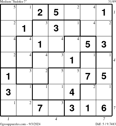 The grouppuzzles.com Medium Sudoku-7 puzzle for Tuesday September 3, 2024 with all 5 steps marked