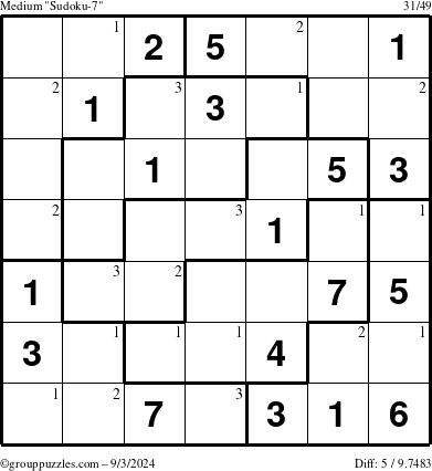 The grouppuzzles.com Medium Sudoku-7 puzzle for Tuesday September 3, 2024 with the first 3 steps marked