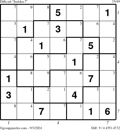 The grouppuzzles.com Difficult Sudoku-7 puzzle for Tuesday September 3, 2024 with all 9 steps marked