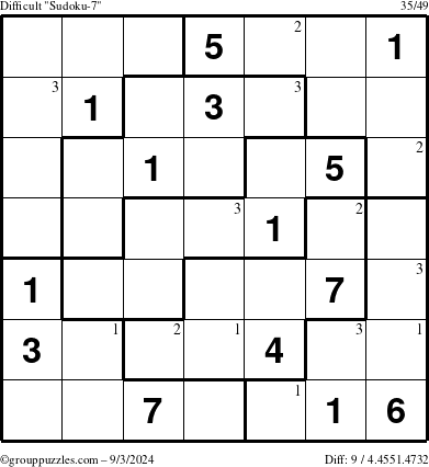 The grouppuzzles.com Difficult Sudoku-7 puzzle for Tuesday September 3, 2024 with the first 3 steps marked