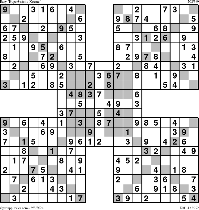 The grouppuzzles.com Easy HyperSudoku-Xtreme puzzle for Tuesday September 3, 2024