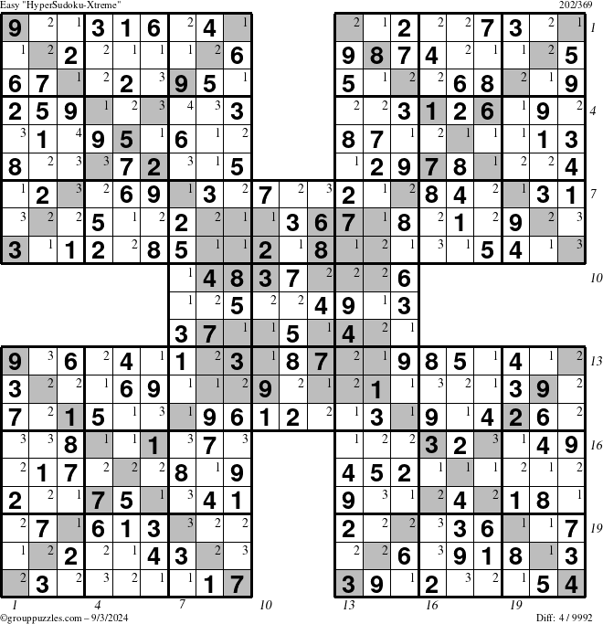 The grouppuzzles.com Easy HyperSudoku-Xtreme puzzle for Tuesday September 3, 2024 with all 4 steps marked