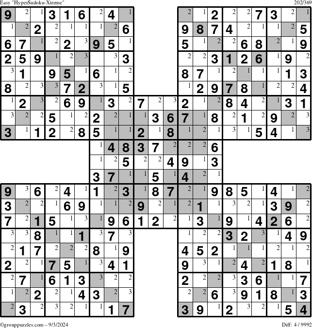 The grouppuzzles.com Easy HyperSudoku-Xtreme puzzle for Tuesday September 3, 2024 with the first 3 steps marked