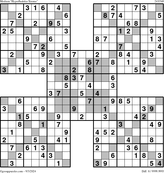 The grouppuzzles.com Medium HyperSudoku-Xtreme puzzle for Tuesday September 3, 2024