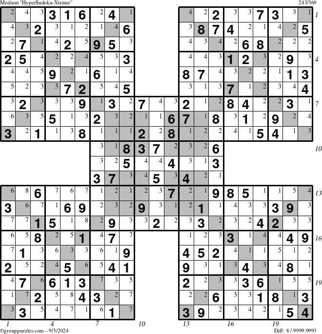 The grouppuzzles.com Medium HyperSudoku-Xtreme puzzle for Tuesday September 3, 2024 with all 8 steps marked