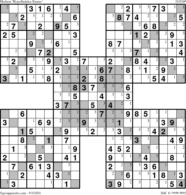 The grouppuzzles.com Medium HyperSudoku-Xtreme puzzle for Tuesday September 3, 2024 with the first 3 steps marked