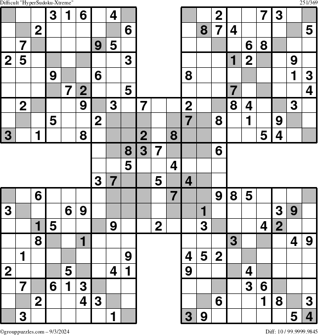 The grouppuzzles.com Difficult HyperSudoku-Xtreme puzzle for Tuesday September 3, 2024