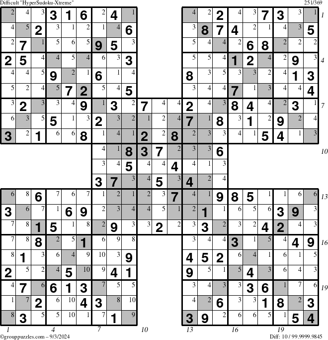 The grouppuzzles.com Difficult HyperSudoku-Xtreme puzzle for Tuesday September 3, 2024, suitable for printing, with all 10 steps marked