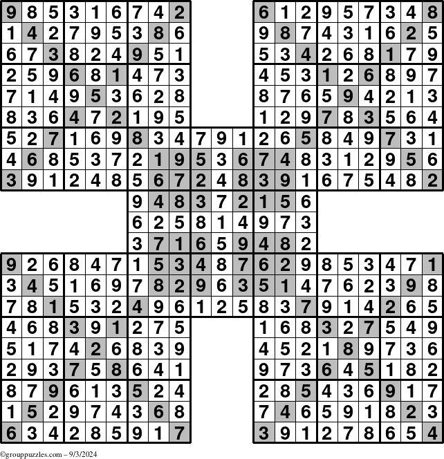 The grouppuzzles.com Answer grid for the HyperSudoku-Xtreme puzzle for Tuesday September 3, 2024