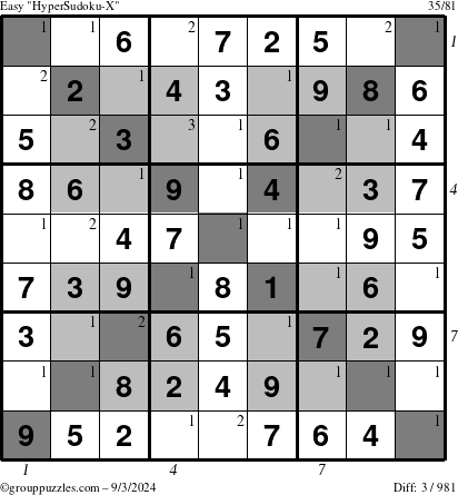 The grouppuzzles.com Easy HyperSudoku-X puzzle for Tuesday September 3, 2024 with all 3 steps marked