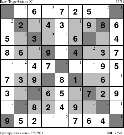 The grouppuzzles.com Easy HyperSudoku-X puzzle for Tuesday September 3, 2024 with the first 3 steps marked