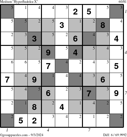 The grouppuzzles.com Medium HyperSudoku-X puzzle for Tuesday September 3, 2024 with all 6 steps marked