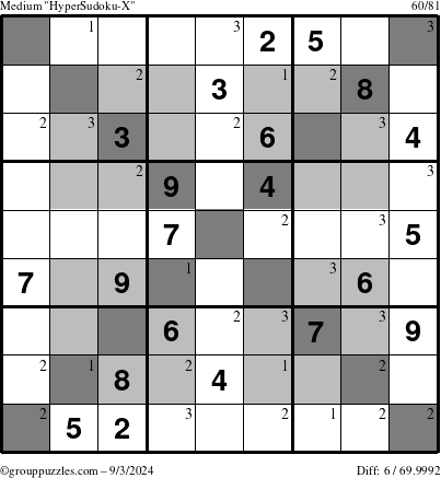 The grouppuzzles.com Medium HyperSudoku-X puzzle for Tuesday September 3, 2024 with the first 3 steps marked