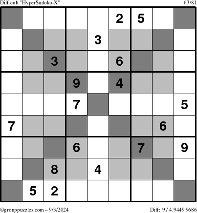 The grouppuzzles.com Difficult HyperSudoku-X puzzle for Tuesday September 3, 2024