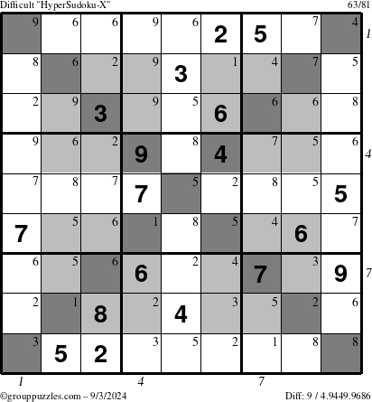 The grouppuzzles.com Difficult HyperSudoku-X puzzle for Tuesday September 3, 2024, suitable for printing, with all 9 steps marked