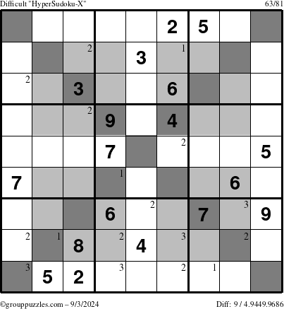 The grouppuzzles.com Difficult HyperSudoku-X puzzle for Tuesday September 3, 2024 with the first 3 steps marked