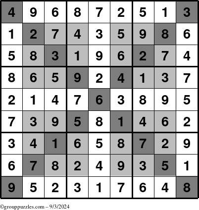 The grouppuzzles.com Answer grid for the HyperSudoku-X puzzle for Tuesday September 3, 2024