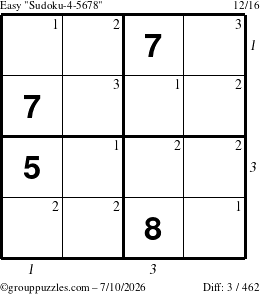 The grouppuzzles.com Easy Sudoku-4-5678 puzzle for Friday July 10, 2026, suitable for printing, with all 3 steps marked