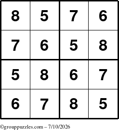The grouppuzzles.com Answer grid for the Sudoku-4-5678 puzzle for Friday July 10, 2026