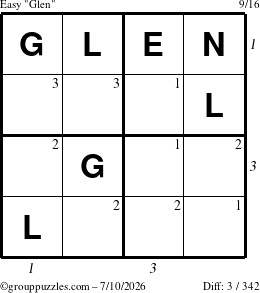 The grouppuzzles.com Easy Glen puzzle for Friday July 10, 2026, suitable for printing, with all 3 steps marked