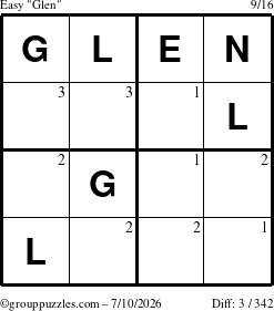 The grouppuzzles.com Easy Glen puzzle for Friday July 10, 2026 with the first 3 steps marked