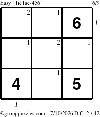 The grouppuzzles.com Easy TicTac-456 puzzle for Friday July 10, 2026 with all 2 steps marked