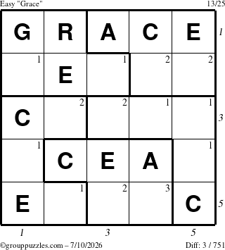 The grouppuzzles.com Easy Grace puzzle for Friday July 10, 2026 with all 3 steps marked