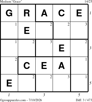 The grouppuzzles.com Medium Grace puzzle for Friday July 10, 2026, suitable for printing, with all 3 steps marked