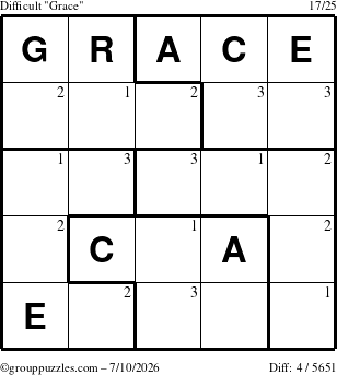 The grouppuzzles.com Difficult Grace puzzle for Friday July 10, 2026 with the first 3 steps marked