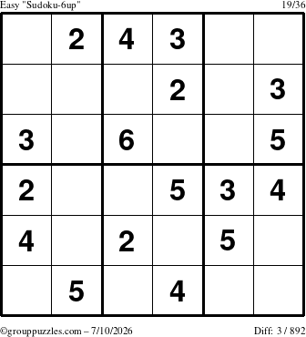 The grouppuzzles.com Easy Sudoku-6up puzzle for Friday July 10, 2026