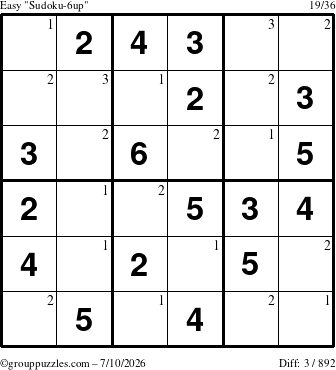 The grouppuzzles.com Easy Sudoku-6up puzzle for Friday July 10, 2026 with the first 3 steps marked