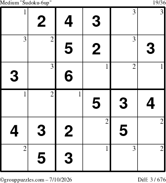 The grouppuzzles.com Medium Sudoku-6up puzzle for Friday July 10, 2026 with the first 3 steps marked
