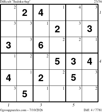The grouppuzzles.com Difficult Sudoku-6up puzzle for Friday July 10, 2026, suitable for printing, with all 4 steps marked