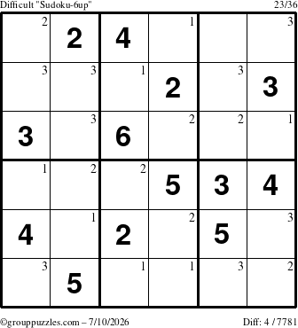 The grouppuzzles.com Difficult Sudoku-6up puzzle for Friday July 10, 2026 with the first 3 steps marked