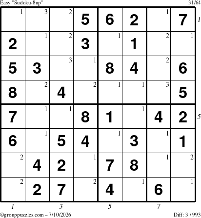 The grouppuzzles.com Easy Sudoku-8up puzzle for Friday July 10, 2026, suitable for printing, with all 3 steps marked
