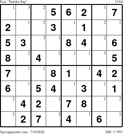 The grouppuzzles.com Easy Sudoku-8up puzzle for Friday July 10, 2026 with the first 3 steps marked
