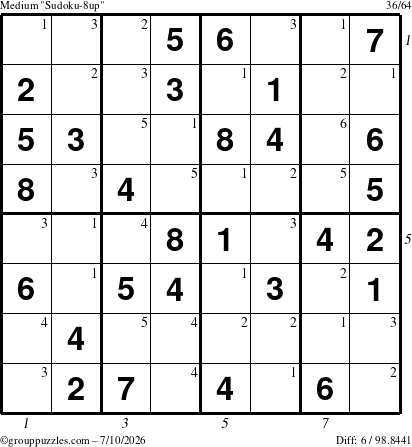 The grouppuzzles.com Medium Sudoku-8up puzzle for Friday July 10, 2026 with all 6 steps marked
