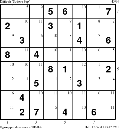 The grouppuzzles.com Difficult Sudoku-8up puzzle for Friday July 10, 2026, suitable for printing, with all 12 steps marked