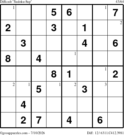 The grouppuzzles.com Difficult Sudoku-8up puzzle for Friday July 10, 2026 with the first 3 steps marked