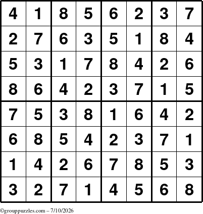 The grouppuzzles.com Answer grid for the Sudoku-8up puzzle for Friday July 10, 2026