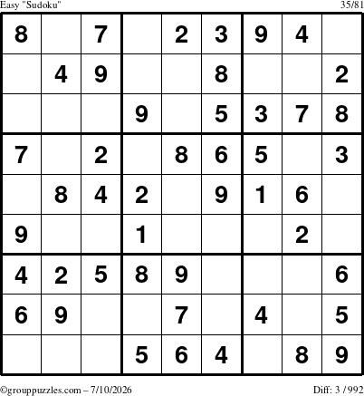 The grouppuzzles.com Easy Sudoku puzzle for Friday July 10, 2026