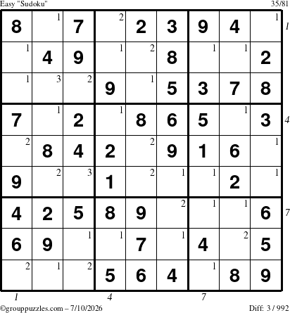 The grouppuzzles.com Easy Sudoku puzzle for Friday July 10, 2026, suitable for printing, with all 3 steps marked