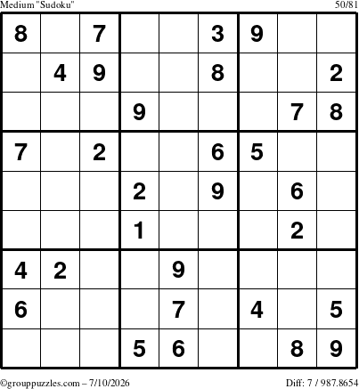 The grouppuzzles.com Medium Sudoku puzzle for Friday July 10, 2026