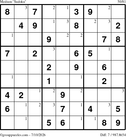The grouppuzzles.com Medium Sudoku puzzle for Friday July 10, 2026 with the first 3 steps marked
