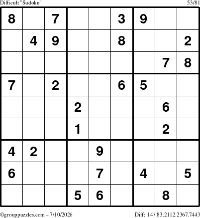 The grouppuzzles.com Difficult Sudoku puzzle for Friday July 10, 2026